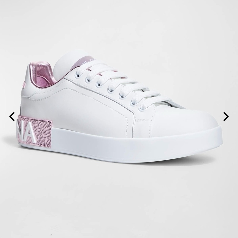 Dolce & Gabbana White Leather Sneakers with Pink Metallic Accents